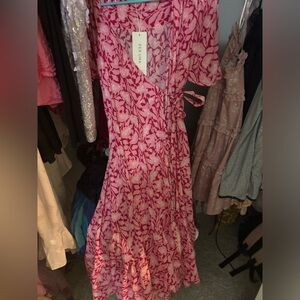 Pink floral knit wrap dress